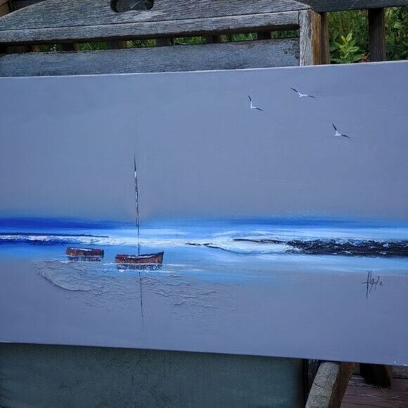 Boats on‎ a reef oil painting signed - Picture 1 of 15